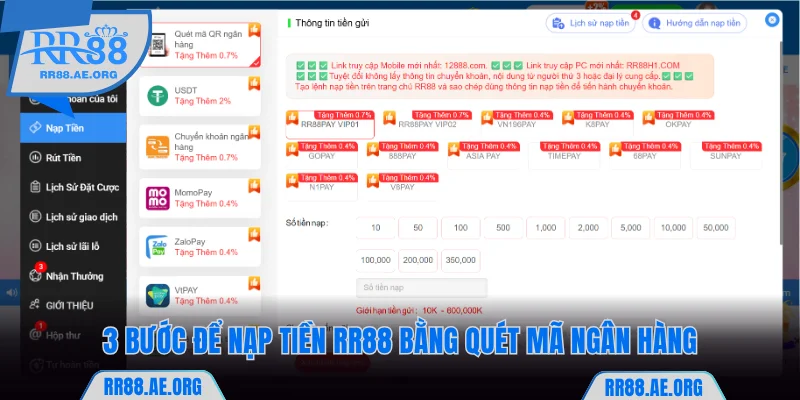 3 bước để nạp tiền RR88 bằng quét mã ngân hàng